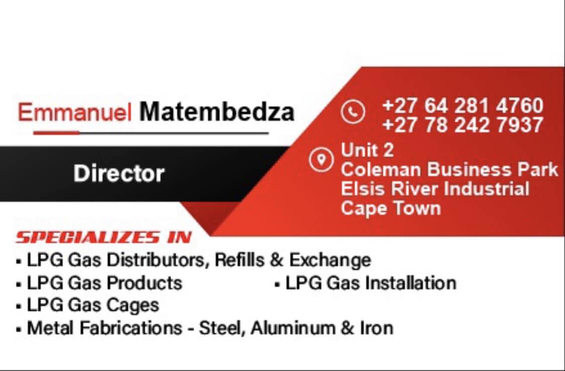 Red Flame LPG Gas Distributors business card showing Emmanuel Matembedza, Director, and contact details.