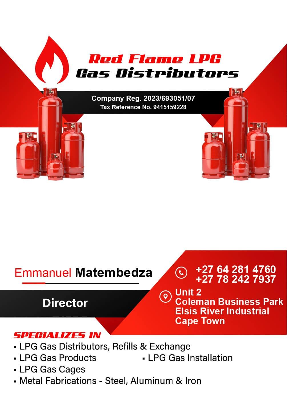 Red Flame LPG Gas Distributors branded poster with company registration details.