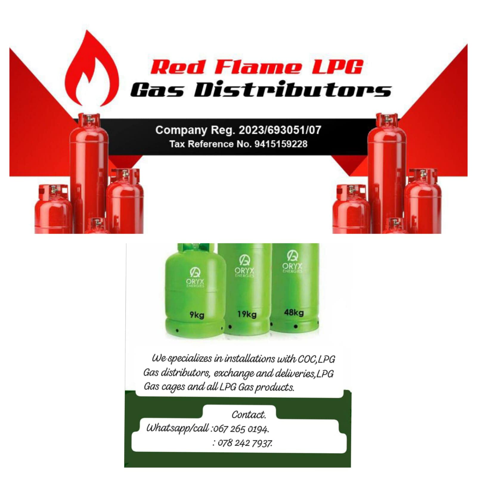 Oryx Energies 9kg, 19kg and 48kg LPG cylinders for refill and exchange in Cape Town.